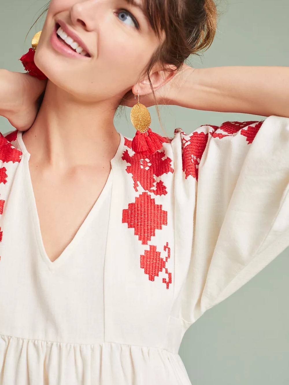 Velvet by Graham & Spencer - Jora Embroidered Peasant Midi Cream Red Dress - Picture 2 of 8